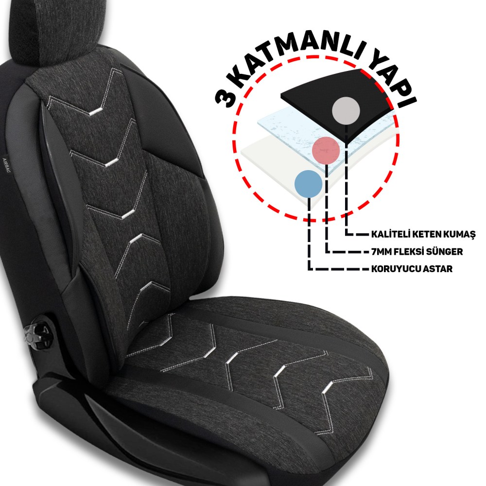 Verita Elegance Serisi, Her Araca Uyumlu Oto Koltuk Kılıfı, Tam Set, Keten-Deri