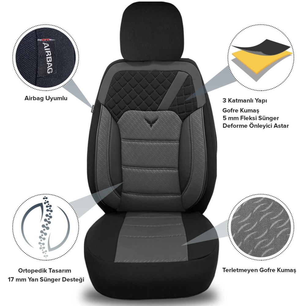 K1 1+1 Serisi, Her Araca Uyumlu Oto Koltuk Kılıfı, 1+1 Set, Gofraj