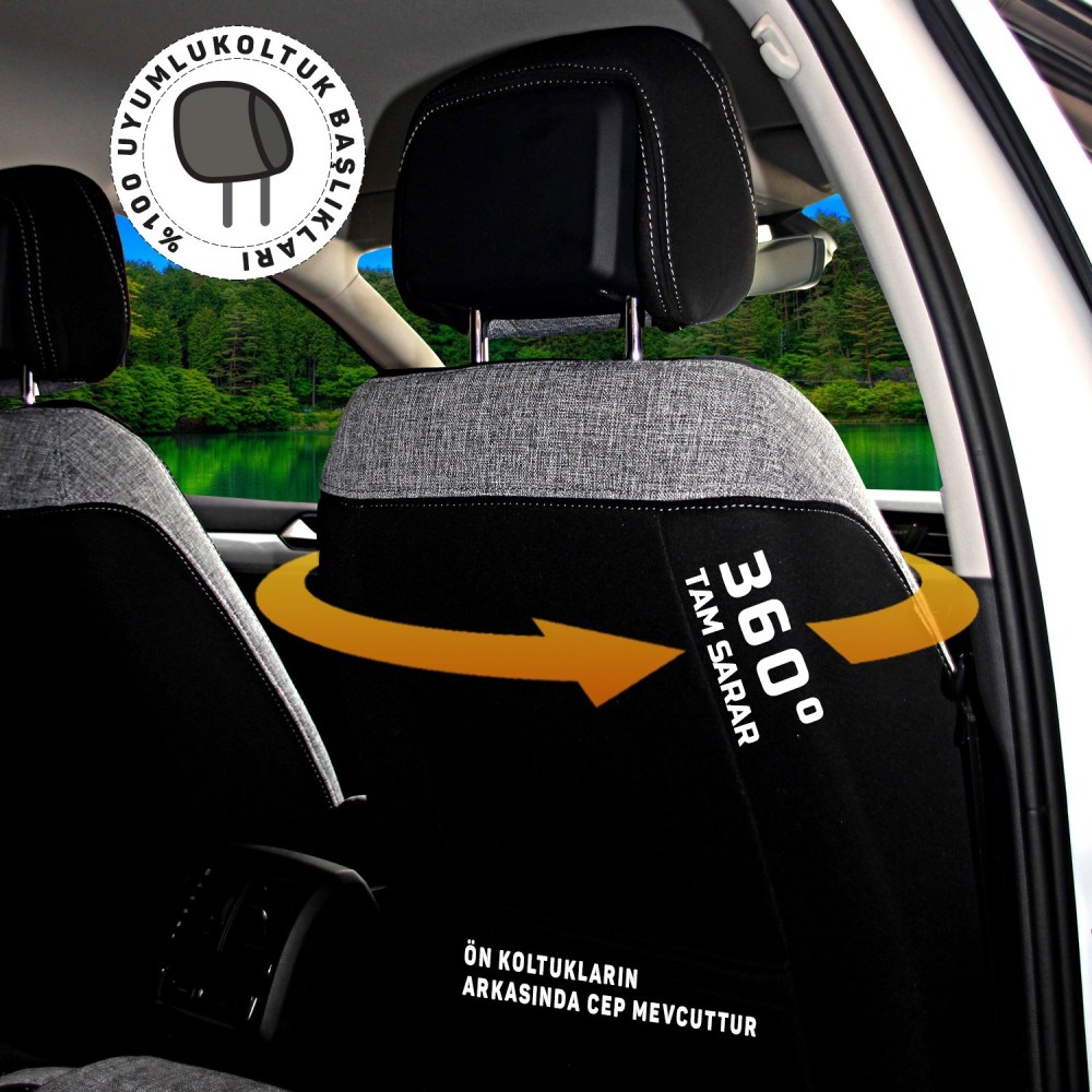 Volkswagen Jetta 2011-2018 Comfortline Özel Dikim Oto Koltuk Kılıfı, Keten, Gri / Siyah