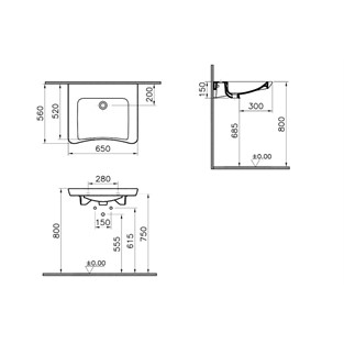 VitrA S20 Özel İhtiyaç Lavabosu 65Cm Beyaz 5291B003-0012