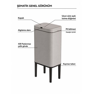 Kobos Sensörlü Çöp Kovası Ayaklı 5L Açık Gri KBSCJAH6602L