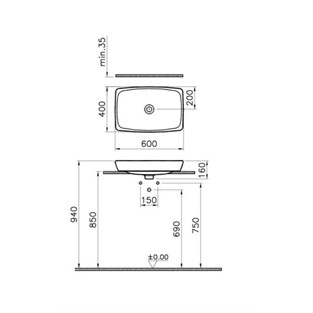 VitrA Metropole Tezgahüstü Lavabo 60 Cm Beyaz 5668B003-0016