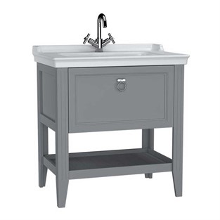 VitrA Valarte Lavabo Dolabı 80 cm Çekmeceli Etajerli Lavabolu Tek Armatür Delikli Mat Gri 62181