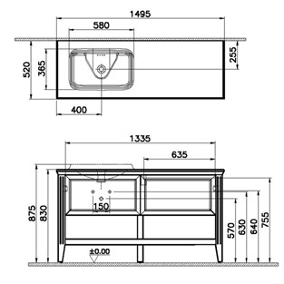 VitrA Valarte Lavabo Dolabı 150 cm Çift Çekmeceli Tezgahüstü Lavabolu Mat Gri Sol 62205