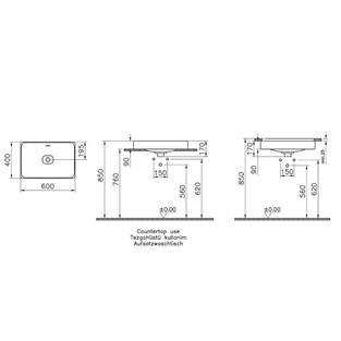 VitrA Metropole Tezgahaltı Lavabo Dikdörtgen 60x40 cm Beyaz 7535B003-1082